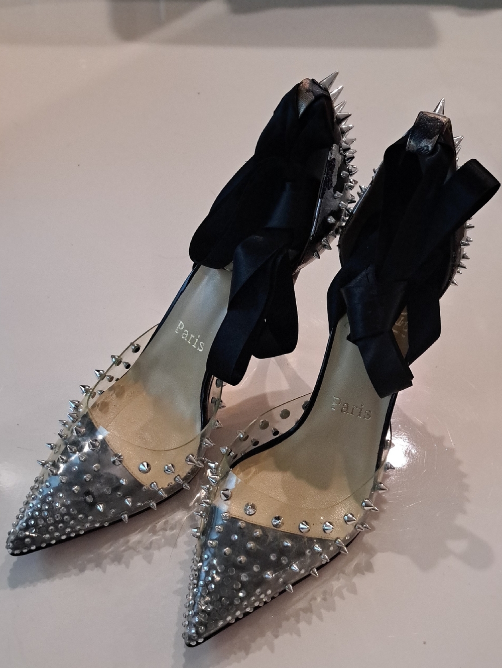 Women’s Silver Studded Pointed-Toe Heels with Black Ribbon
